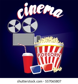Popcorn, soda glass, glasses and a movie projector in a flat style. Vector illustration. Cinema.