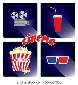 Popcorn, soda glass, glasses and a movie projector in a flat style. Vector illustration. Cinema.