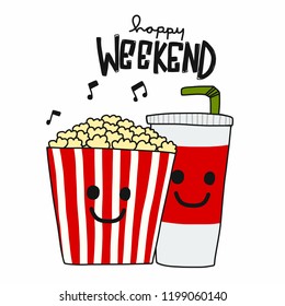 Popcorn and soda happy weekend cartoon vector illustration doodle style