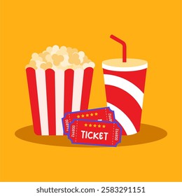 Popcorn soda illustration. Ticket cinema movie flat design