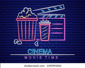 Popcorn, soda and movie cinema neon style Vector. Glowing sign dark background. Shinning billboard templates