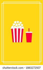 Popcorn and soda set. Movie night cinema icon. White red strip box, drinking glass. Pop corn food. Cute frame banner decoration template. Flat design style. Yellow background. Isolated. Vector