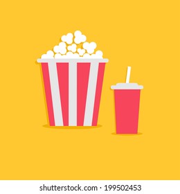 Popcorn and soda with straw. Cinema icon in flat dsign style. Vector illustration