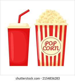 Popcorn and soda with straw. Cinema icon in flat design style. Vector illustration