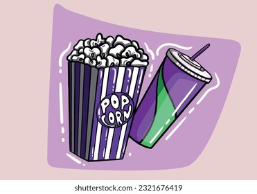 Popcorn and soda with straw. Cinema icon in flat dsign style. Vector illustration