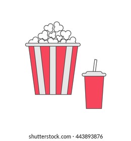 Popcorn and soda with straw. Cinema thin line icon in flat design style. White background. Isolated. Vector illustration