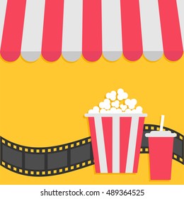 Popcorn and soda with straw. Film strip. Cinema icon. Striped store awning for shop, marketplace, cafe, restaurant. Red white canopy roof. Flat design. Yellow background. Isolated. Vector illustration