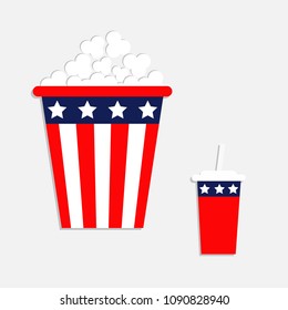 Popcorn Soda straw icon. Cinema icon in flat design style. American flag Stars and stripe. Isolated. Red and blue color. White background. Isolated. Holiday sign symbol. Vector illustration
