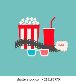 Popcorn, soda with straw, tickets  and filmstrip. Cinema icons set in flat design style, vector illustration