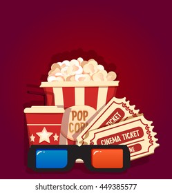 popcorn with soda tickets and 3d glasses cartoon. cinema concept. isolated on red background. vector illustration trend