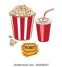 Popcorn, soda and tickets. Ð¡inema, movie. Vector illustration.