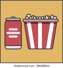 Popcorn, soda tin, vector image, flat design, outline style