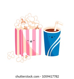 Popcorn and soda, vector cartoon characters