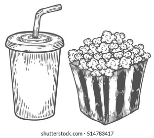 Popcorn and soda Vector hand drawn sketch vector illustration, popcorn stripe bucket. Sketch design. Cinema combo menu snack fast food.