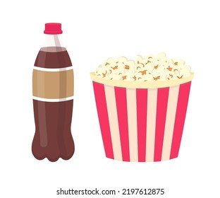 Agua de palomitas y refrescos para los amigos que ven películas en cine ilustraciones vectoriales. Caricatura aislada caja de cartón rayada roja y blanca llena de comida rápida de maíz pop y botella de plástico con bebida