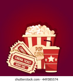 Popcorn with soda water with tickets. cartoon. cinema concept. isolated on red background. vector illustration. trend