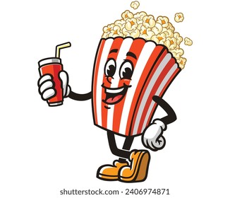 Popcorn with soft drink cartoon mascot illustration character vector hand drawn clip art