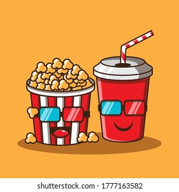 Popcorn and Soft Drink Character Vector Illustration.  Vector isolated flat illustration food for poster, menus, brochure, web and icon.