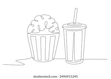 Popcorn and soft drinks. Fast food concept one-line drawing