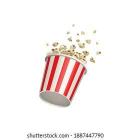 Popcorn splash movie round bucket cup. Realistic vector cinema pop corn paper bowl red white box. Blow up flying pop corn. Oops fall down. Isolated advertisemnt illustration