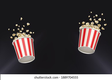 Popcorn splash movie round bucket cup. Realistic vector banner cinema pop corn paper bowl red white box. Blow up flying pop corn. Oops fall down. Isolated advertisemnt illustration