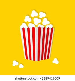 Popcorn square box icon. Cinema movie night. Red white red strip paper package. Pop corn food. Cute movie cinema banner decoration template. Flat design style. Isolated. Yellow background. Vector