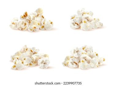 Pilas de palomitas de maíz, pilas realistas de maíz pop aisladas en fondo blanco. 3d diseño vectorial de comida rápida, montones de semillas de esponja fresca sobre la superficie con sombra. Asombroso refrigerio para el cine