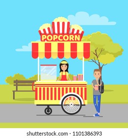 Popcorn stall and man in park, customer with seller, mobile shop at parkland, tree near bench to sit, business snack lanch store isolated on vector illustration