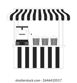 Banca de pipoca com copa listrada e objeto de linha 2D da máquina. Quiosque de vendedores de festivais de comida. Contador de snacks com buckets de pipoca item de contorno de tinta de vetor clipart isolado. Ilustração de ponto monocromático