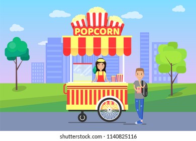 Popcorn stalls at cityscape, seller and customers eating popcorns bought from street food stall, green trees city isolated on vector illustration