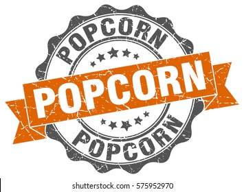 Popcorn. Stamp. Sticker. Seal. Round Grunge Vintage Ribbon Popcorn Sign