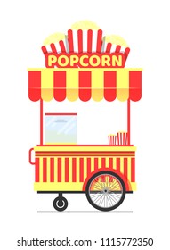 Popcorn stand with cups, shop traditional product, wheeled kiosk striped van, snack bar vector illustration isolated on white background