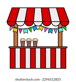 Popcorn stand with decoration of Festa Junina or Julina flags. Typical regional, traditional, cultural Brazilian festival food tent. Vector with editable color and stroke.