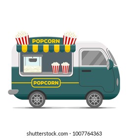 Popcorn street food caravan trailer. Colorful vector illustration, cute style, isolated on white background