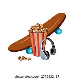 Popcorn in a striped basket, headphones, skateboard. Vector illustration. Design element for greeting cards, invitations, banners, posters, flyers.