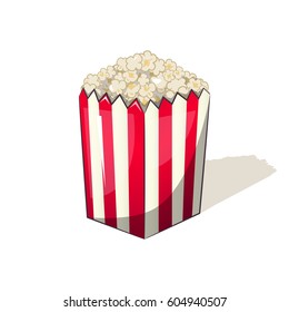 Popcorn in a striped box bucket snack when watching movies. Thumbnail fast food Vector Illustration for your project boundary.