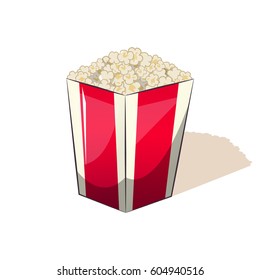 Popcorn in a striped box bucket snack when watching movies. Thumbnail fast food Vector Illustration for your project boundary.