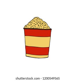 Popcorn in a striped box.A bucket of pop-corn.hand drawn vector illustration.doodles or cartoon style.

