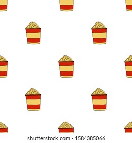 Popcorn in a striped box.A bucket of pop-corn. Seamless pattern. hand drawn vector illustration.   doodles or cartoon style.
