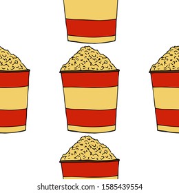 Popcorn in a striped box.A bucket of pop-corn. Seamless pattern. hand drawn vector illustration.   doodles or cartoon style.
