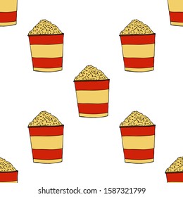 Popcorn in a striped box.A bucket of pop-corn. Seamless pattern. hand drawn vector illustration.   doodles or cartoon style.
