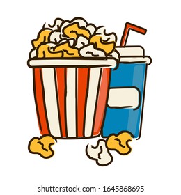 Popcorn striped bucket with cup of soda, doodle icon. Vector illustration in trendy style