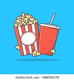 Popcorn Striped Bucket With Cup Of Soda Vector Icon Illustration. Cinema Movie Flat Icon