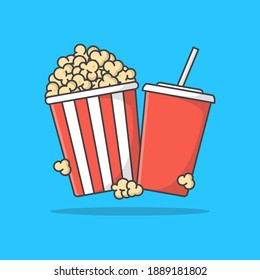 Popcorn Striped Bucket With Cup Of Soda Vector Icon Illustration. Cinema Movie Flat Icon