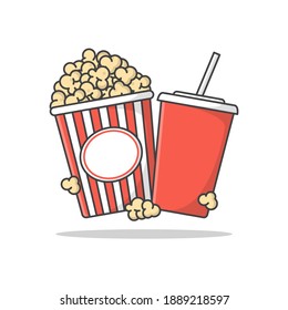 Popcorn Striped Bucket With Cup Of Soda Vector Icon Illustration. Cinema Movie Flat Icon