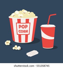 Popcorn striped bucket with cup of soda and cinema ticket. Vector illustration in trendy style