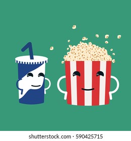 Popcorn striped bucket with cup of soda characters. Vector illustration in trendy style