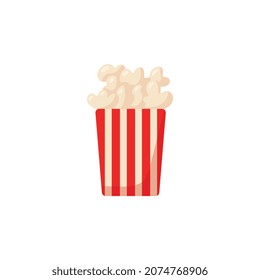 Popcorn in striped bucket, flat vector illustration isolated on white background. Tasty snack in box or bag for cinema or festival design in cartoon style.