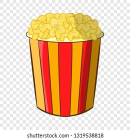 Popcorn in striped bucket icon in cartoon style on a background for any web design 