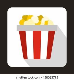 Popcorn in striped bucket icon in flat style on a white background